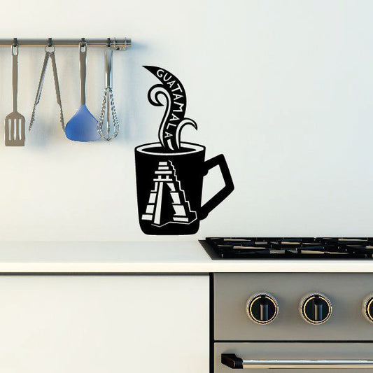 Coffee cup wall decal with black graphic and circular Guatamala text