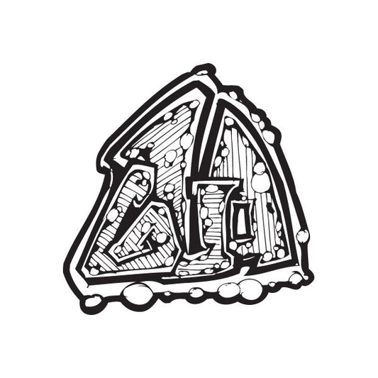 Graffiti-style house decal, black outline with white interior illustration