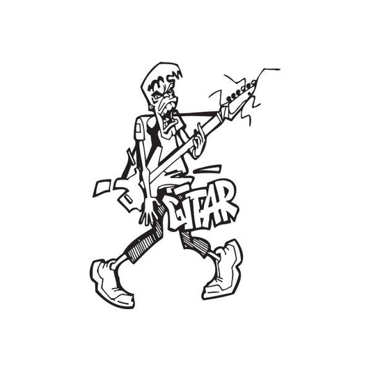 Guitar graffiti decal sticker of a black-and-white guitarist holding an electric guitar