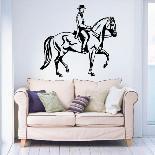 Walking horse riding decal: man in hat on horse, black outline