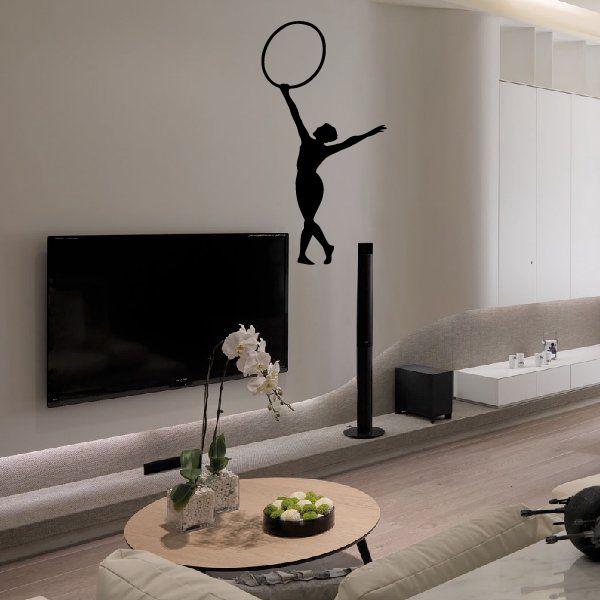 Black gymnast wall decal with round hoop above head, vinyl sticker silhouette
