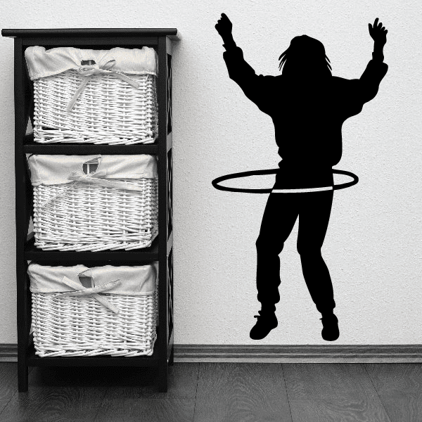 Gymnastics wall decal with black gymnast silhouette and hula hoop ring, vinyl sticker