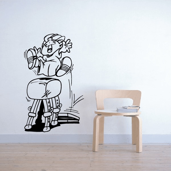 Gymnastics wall decal: cartoon gymnast holding barbell, black outline sticker