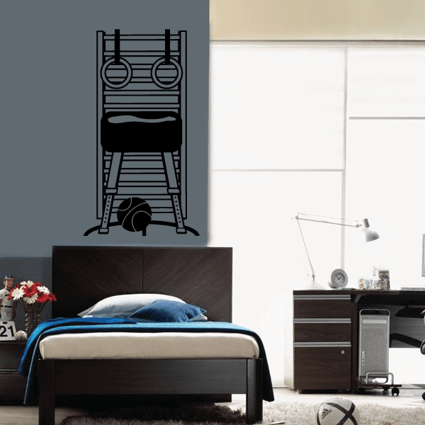Gymnastics wall decal with a dark outline of uneven bars and rings