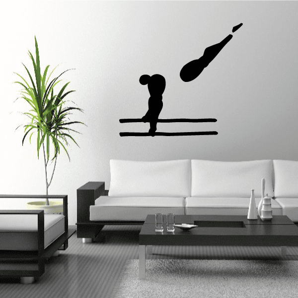 Gymnastics wall decal: black silhouette of a gymnast on balance bars, vinyl sticker