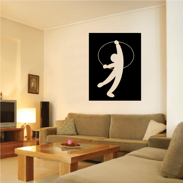 Gymnast wall decal: white gymnast figure on black square with circular outline