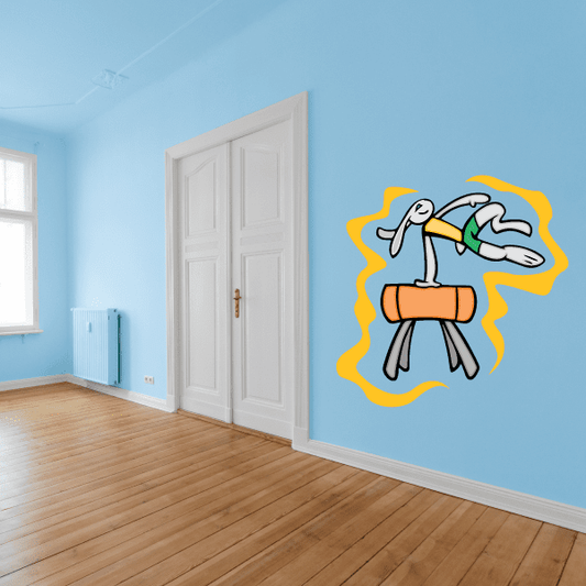 Gymnastics wall decal vinyl sticker: cartoon gymnast holding balance beam on yellow burst