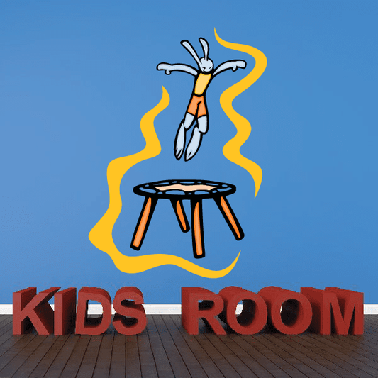 Gymnastics wall decal sticker: blue gymnast on orange trampoline, yellow accents, “KIDS ROOM”
