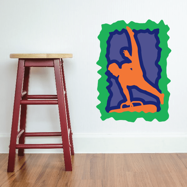 Gymnastics wall decal sticker with blue and orange gymnast pose in green outline