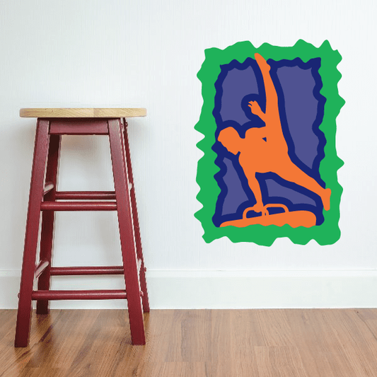 Gymnastics wall decal sticker with blue and orange gymnast pose in green outline