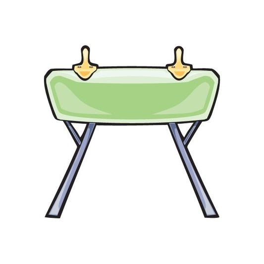 Gymnastics wall decal of green pommel horse with yellow handgrips and blue legs
