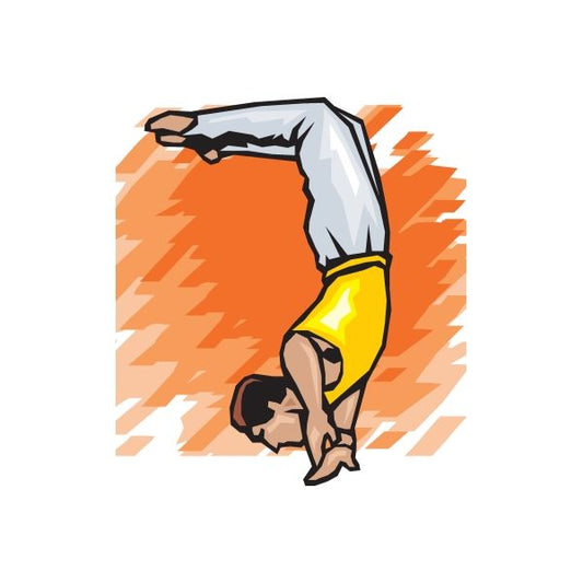 Gymnastics wall decal sticker, black and yellow gymnast silhouette on orange burst