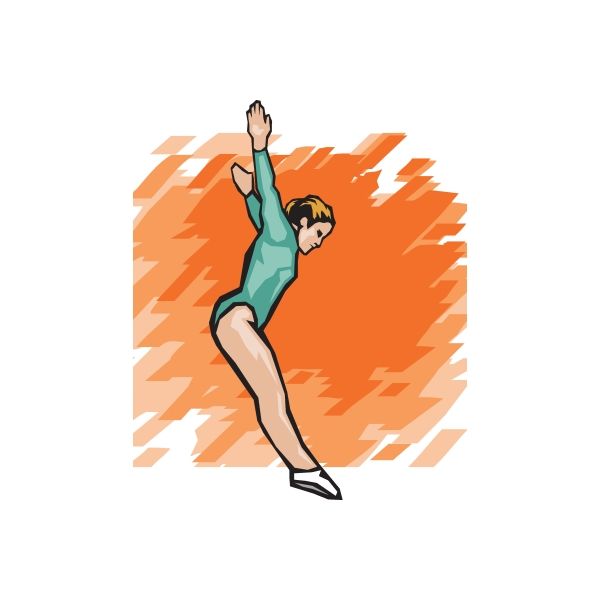 Gymnastics wall decal of leaping gymnast in teal leotard on orange burst