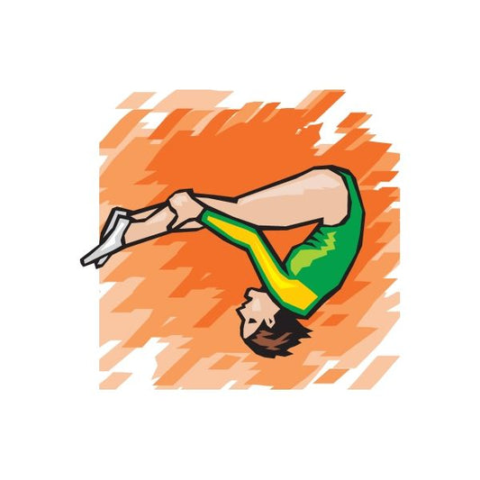 Gymnastics wall decal sticker with cartoon gymnast doing a flip, green and yellow outfit.