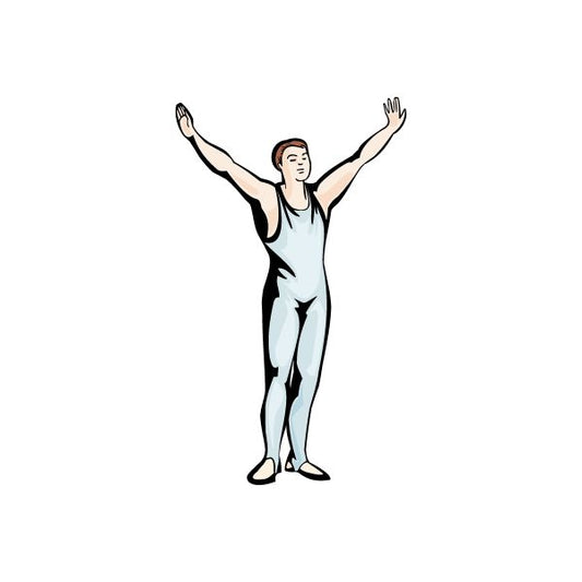Gymnastics wall decal of a female gymnast with arms raised in a white leotard.