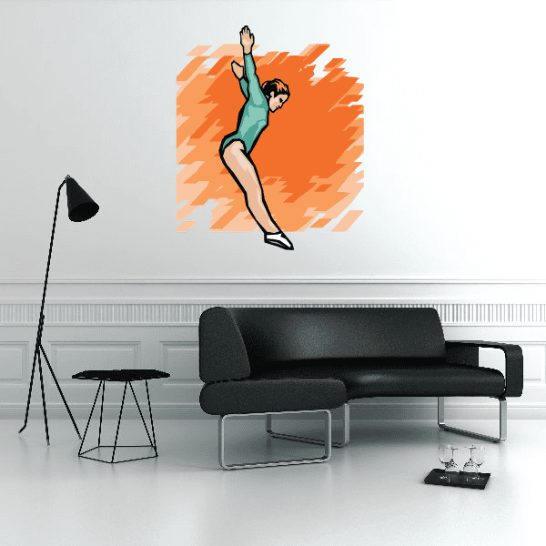 Gymnastics wall decal sticker of a teal gymnast midair with orange burst backdrop