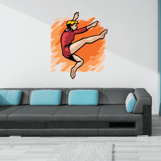 Gymnast wall decal vinyl sticker of a female gymnast in maroon leotard with orange burst