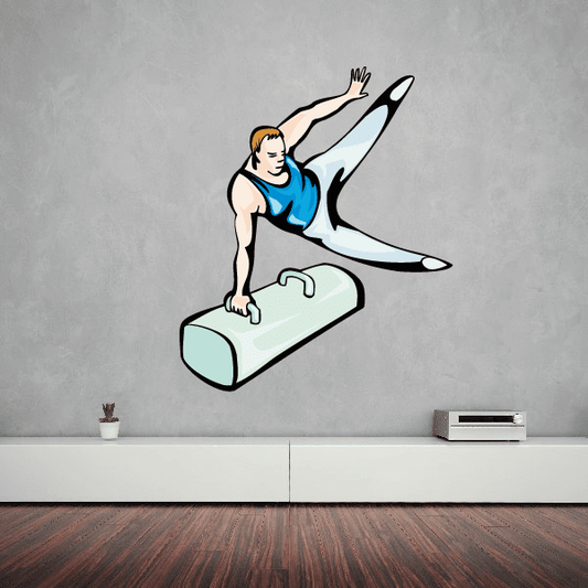 Gymnastics wall decal of gymnast in blue leotard on green balance beam pad
