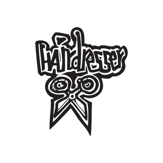 Graffiti hairdresser decal in black with stylized lettering and starburst