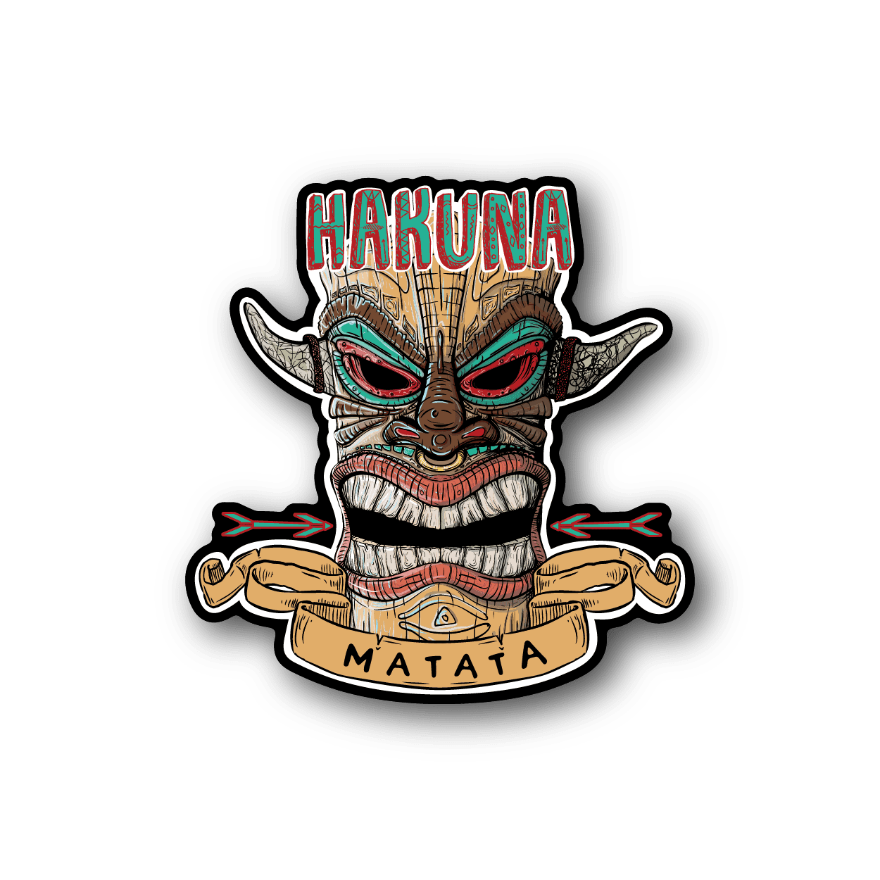 Tiki vinyl sticker with colorful face art and “HAKUNA” and “MATATA” text
