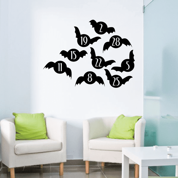 Halloween bat vinyl wall decal with numbered bats, black silhouettes with white numbers
