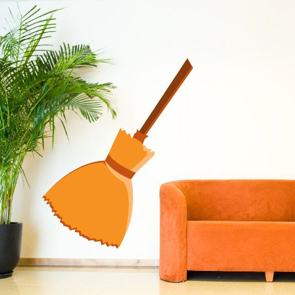Orange broomstick sweep Halloween sticker with angled handle
