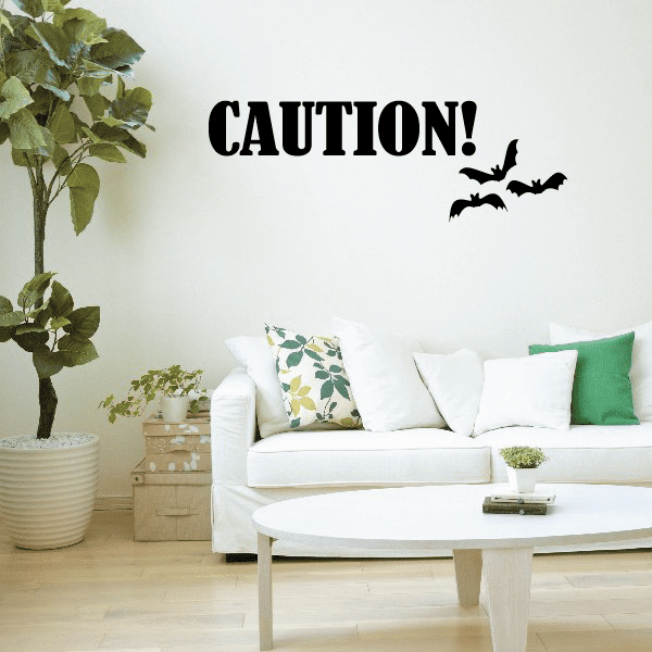 Halloween caution bats wall decal with black CAUTION! text and bat silhouettes