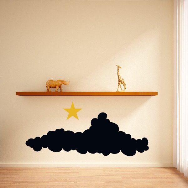 Black cloud wall decal with a yellow star and small animal silhouettes
