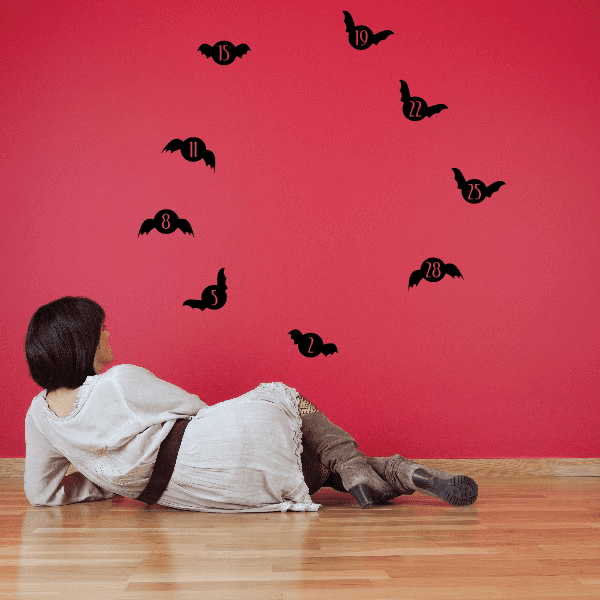 Halloween vinyl wall decal set with numbered bat silhouettes, dark