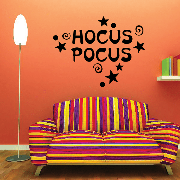Hocus Pocus party stars wall decal with black 'HOCUS POCUS' lettering and star accents
