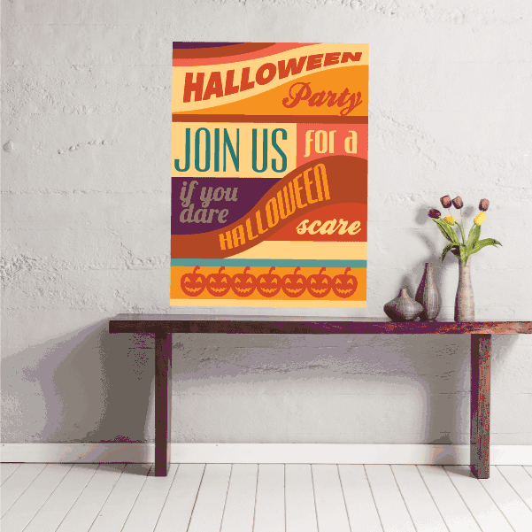 Halloween Party join us typographic sticker in orange and purple with border