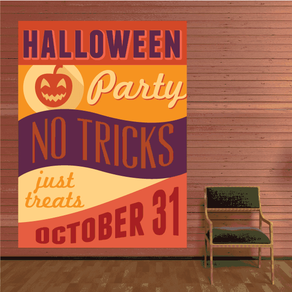 Halloween Party typographic sticker, orange and purple text: No Tricks Just Treats