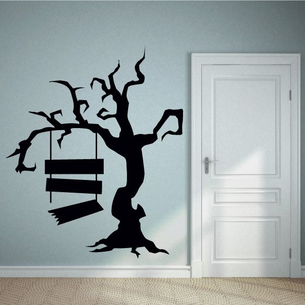 Halloween scary tree and broken sign wall decal, black silhouette