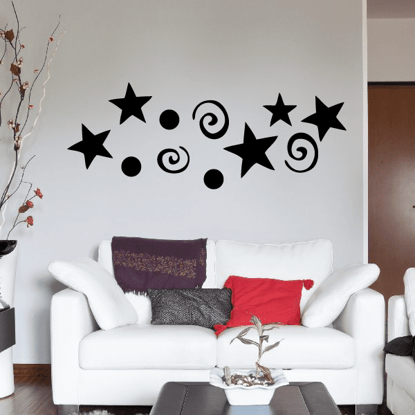 Halloween vinyl wall decal: black stars and swirls with spiral accents