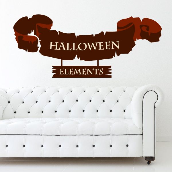 Tattered Halloween banner sticker with 'HALLOWEEN' and 'ELEMENTS' text, dark brown