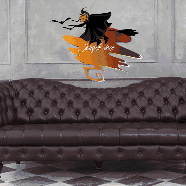Halloween witch on broom with bats wall sticker, black and orange design