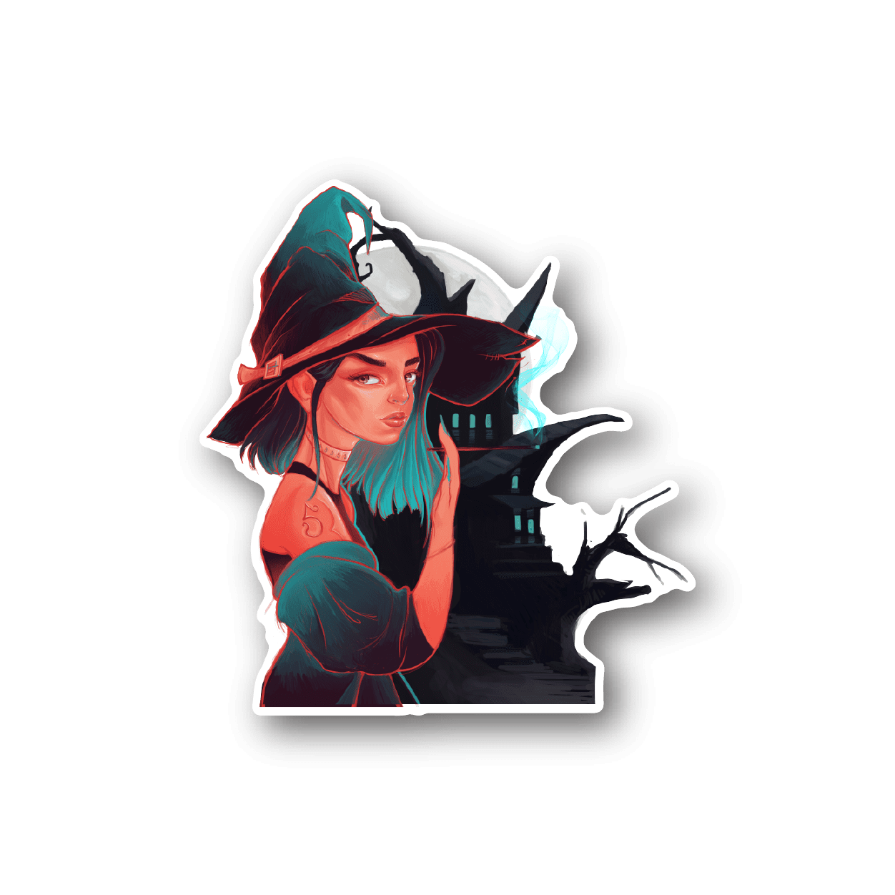 Halloween witch vinyl sticker of teal-haired woman with black hat and lantern