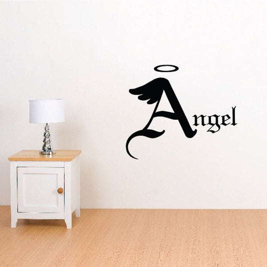 Angel vinyl wall decal with black wings and cursive 'Angel' text
