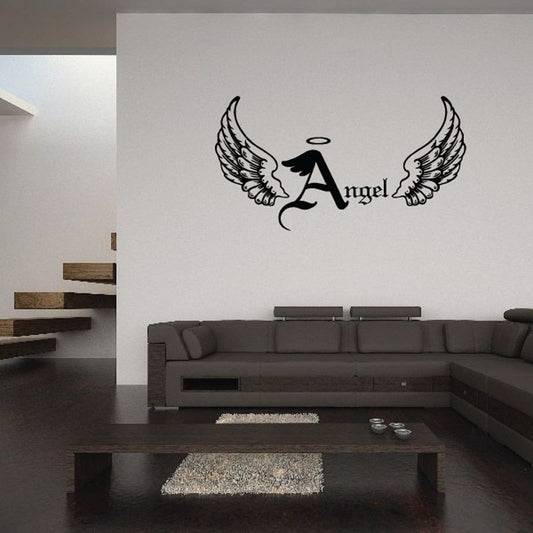 Angel wings with halo and Angel lettering wall vinyl decal