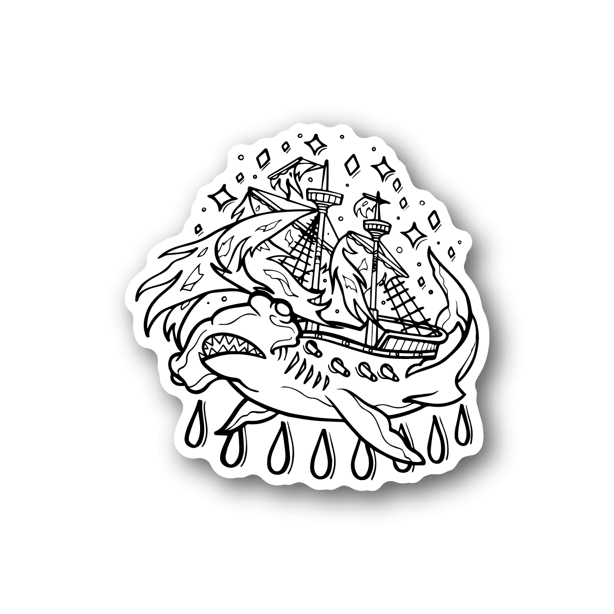 Hammerhead shark ship vinyl sticker with bold black-and-white outline artwork