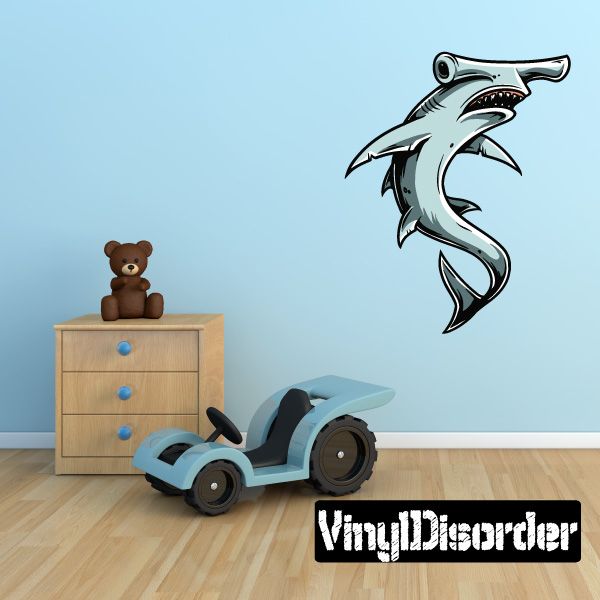 Hammerhead shark sticker, cartoon blue-gray shark with open mouth