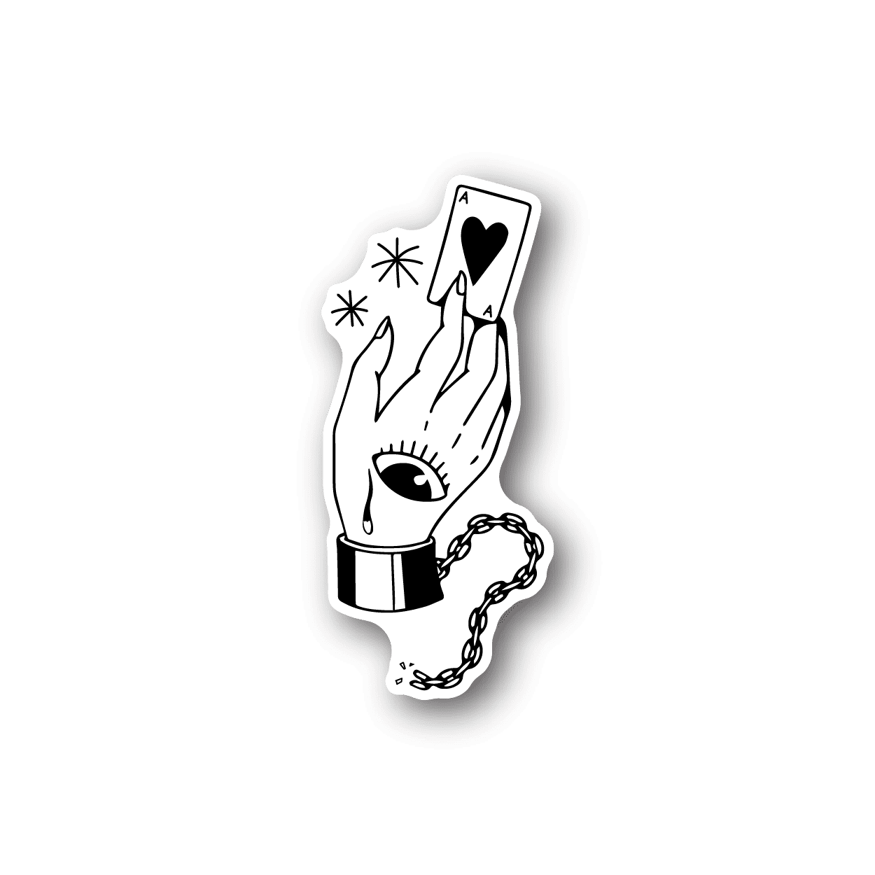 Vinyl sticker of a hand holding an ace card and heart in cuff