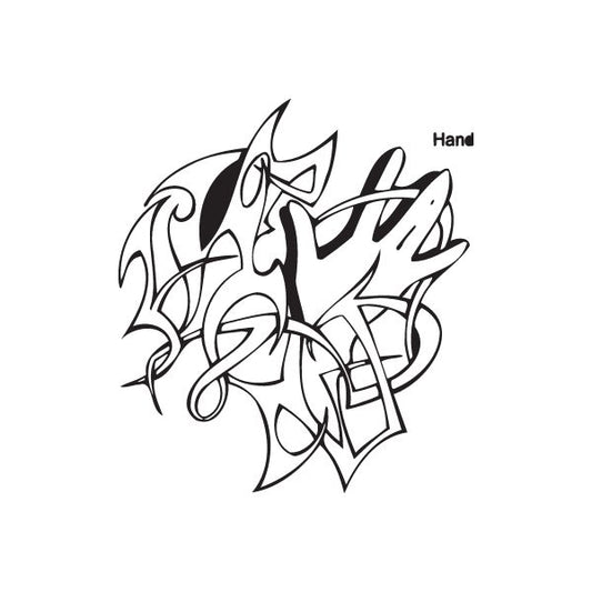 Black graffiti-style decal with stylized letters and Hand text