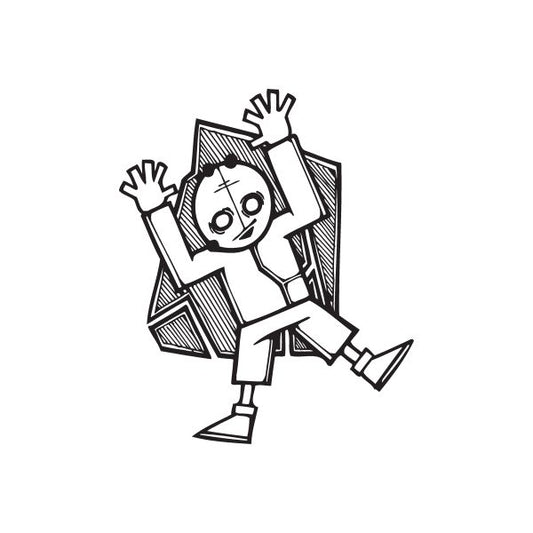 Hands up graffiti decal with cartoon character raising both hands in black and white