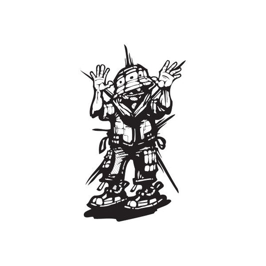 Graffiti soldier decal with hands raised, black cartoon character illustration