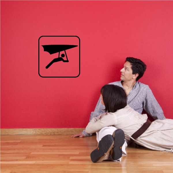 Hang gliding sign decal with hang glider icon in black square outline