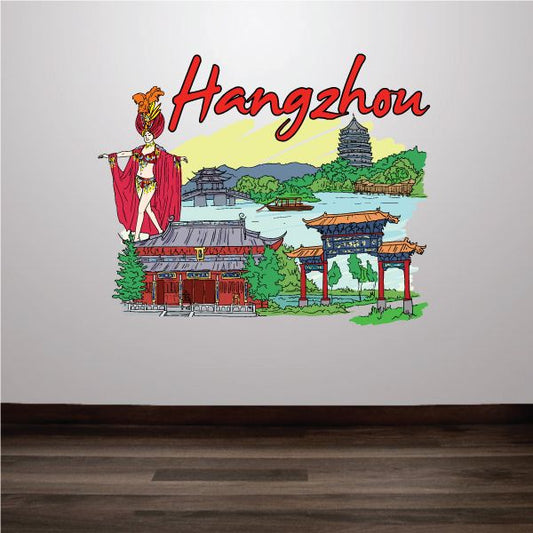Hangzhou sticker with red pagodas and gate, canal scene and Hangzhou lettering