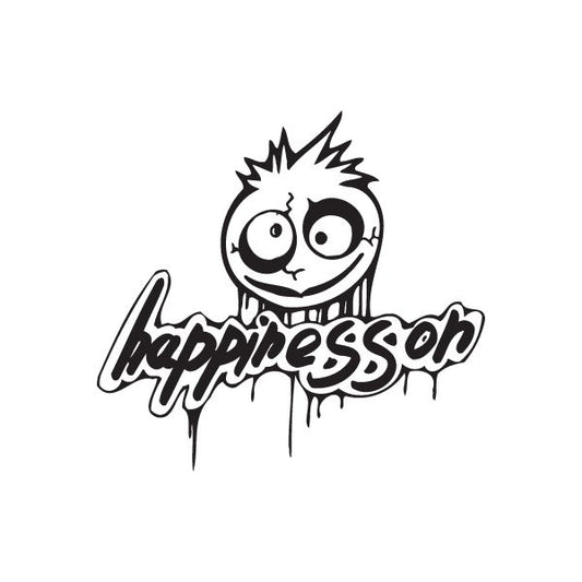Graffiti decal with cartoon face and Happiness lettering, black outline with drips