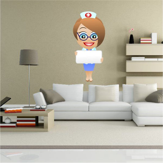 Nurse holding sign sticker with cartoon nurse holding a white placard