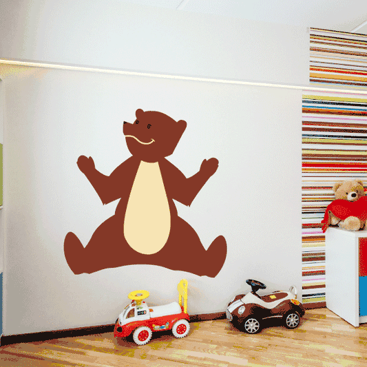 Smiling bear sticker in brown with tan belly, sitting with raised arms